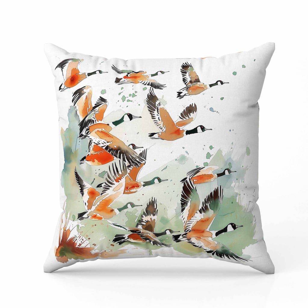 Geese in Flight Indoor/Outdoor Reversible Throw Pillow Green and Orange