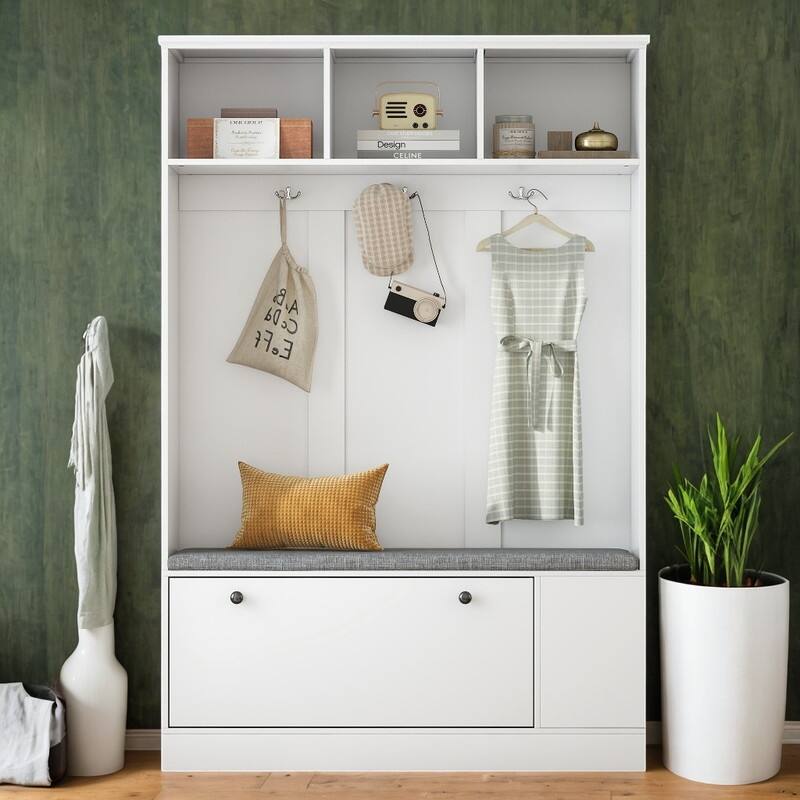 5in1 Hall Tree Bench with Coat Rack, Cushion and 3 Sturdy Hooks for