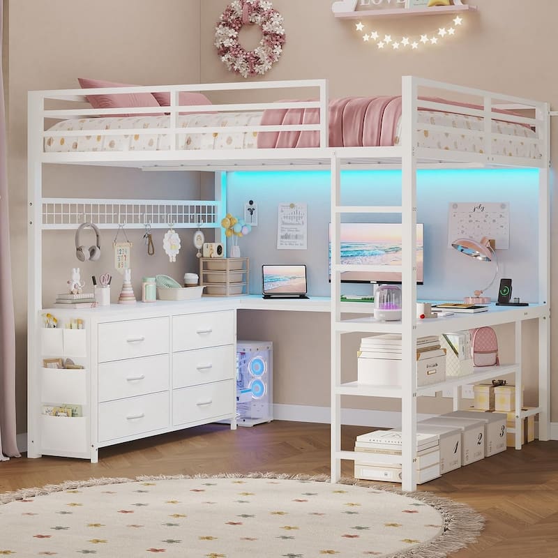 Loft Bed with Full Size U-Shaped Desk 6 Drawers Power Outlet 2 Storage Shelves - White