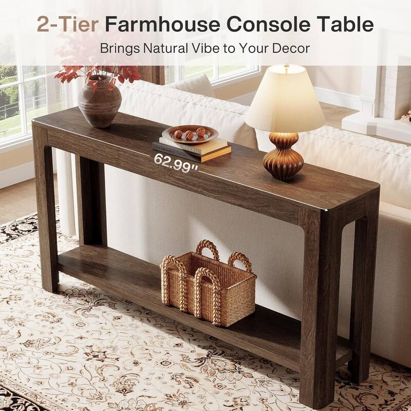 63 Inches Brown Engineered Wood Console Table, 2-Tier Behind Couch Sofa Table for Living Room - 62.99" L x 13.77" W x 31.49" H