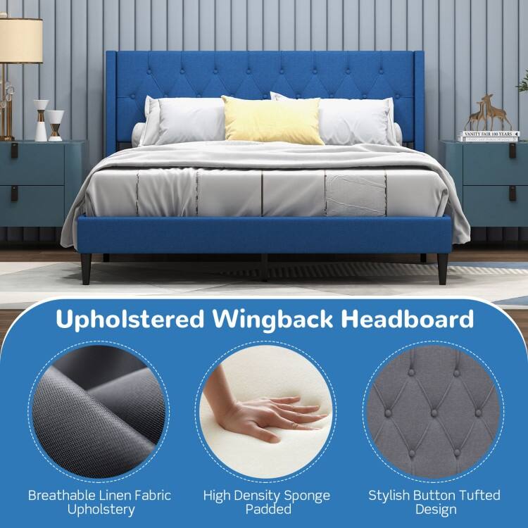Upholstered Platform Bed with Button Tufted Wingback Headboard