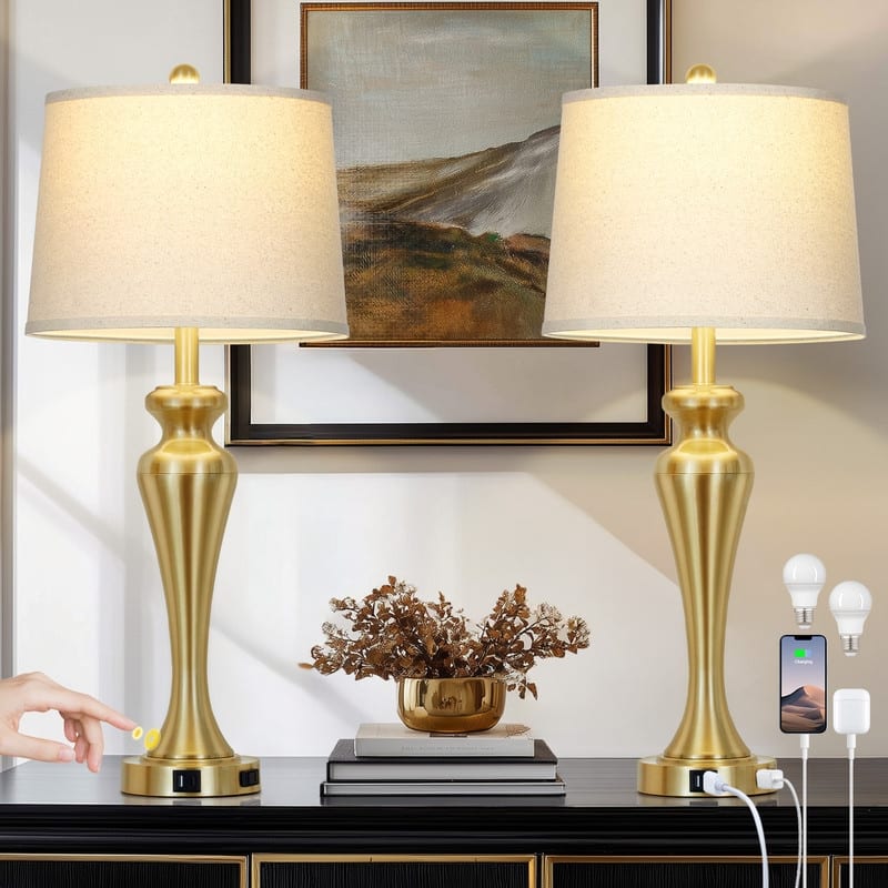 30'' Gold Elegant Table Lamp with USB-C Charging, Golden Base, Touch Dimmer(Set of 2) - 13'' x 13'' x 30''