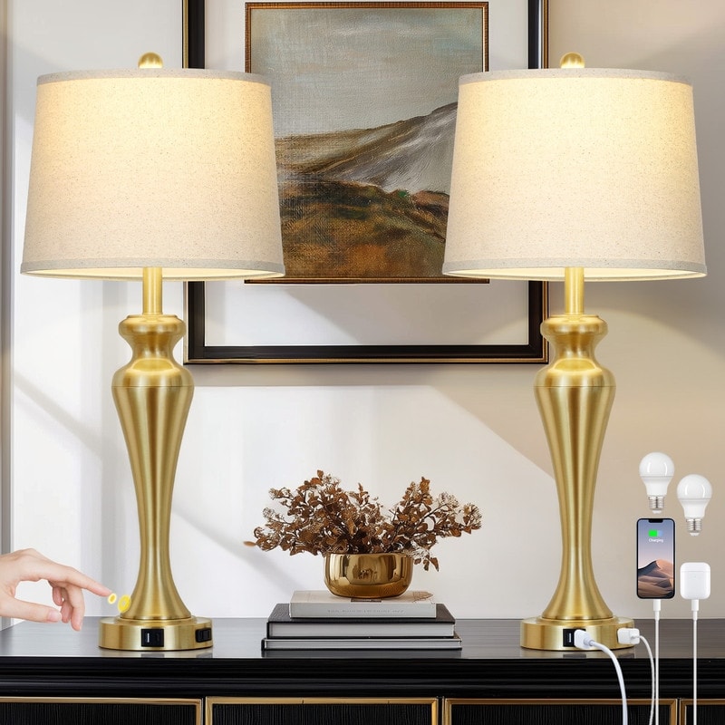 Set of 2 Industrial Table Lamps with Dual Lighting & Charging Station, 27-Inch, Antique Grey - 13'' x 13'' x 30''
