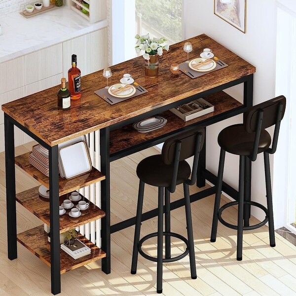 3 Piece Bar Dining Table Set Modern Counter Height Dining Pub Set with 2 Upholstered Bar Stools and 4 Open Storage Shelves On Sale Bed Bath Beyond 38142113