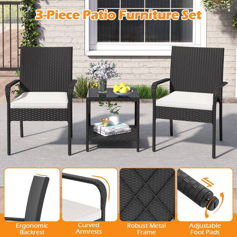 Gymax 3 Piece Patio Furniture Set Outdoor Wicker Chair & Table Set w/