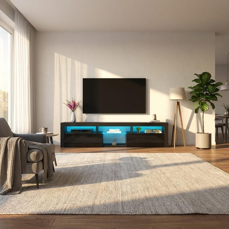 Meble Furniture Bari 200 Wall Mounted Floating 79" TV Stand - Modern Entertainment Center for up to 90" TVs with 16-Color