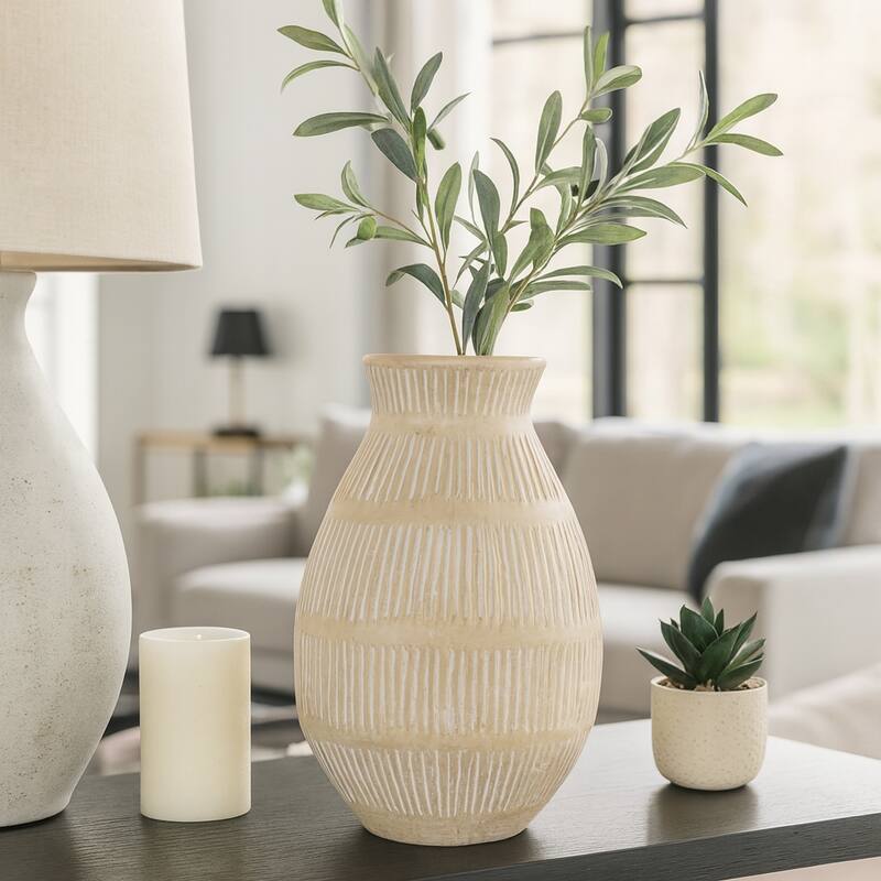 Ceramic Modern Round Flower Vase with Lines - Ivory