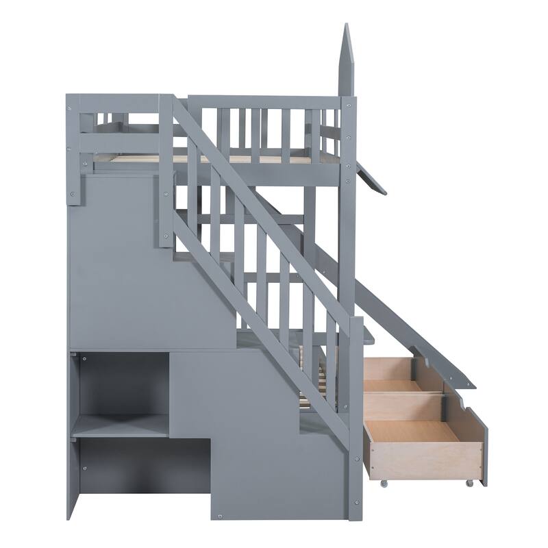 Castle Style Twin/Full Bunk Bed with Slide, 2 Drawers, 3 Shelves, and Playhouse Design