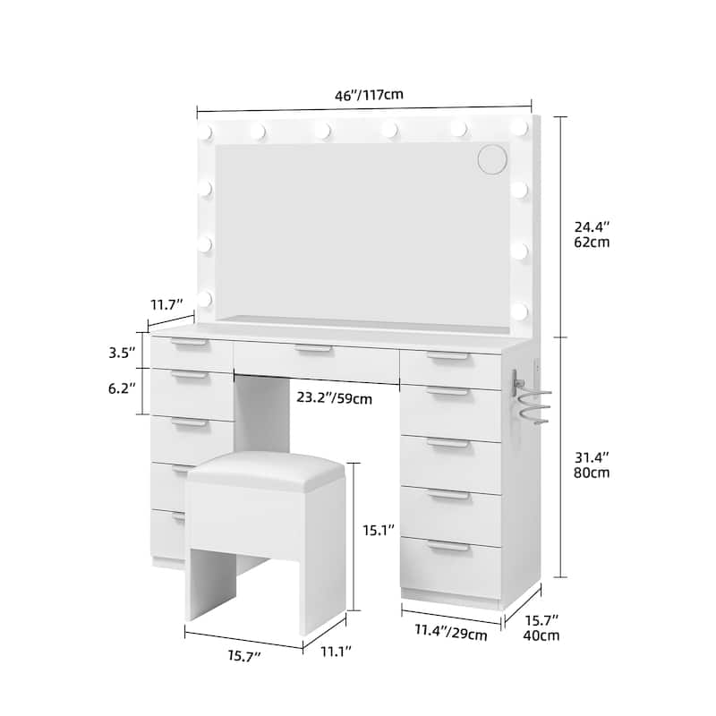 Makeup Vanity Set with Oversized Mirror 3 Color LED Lights Charging Hub 11 Drawers and Comfy Storage Stool for Bedroom