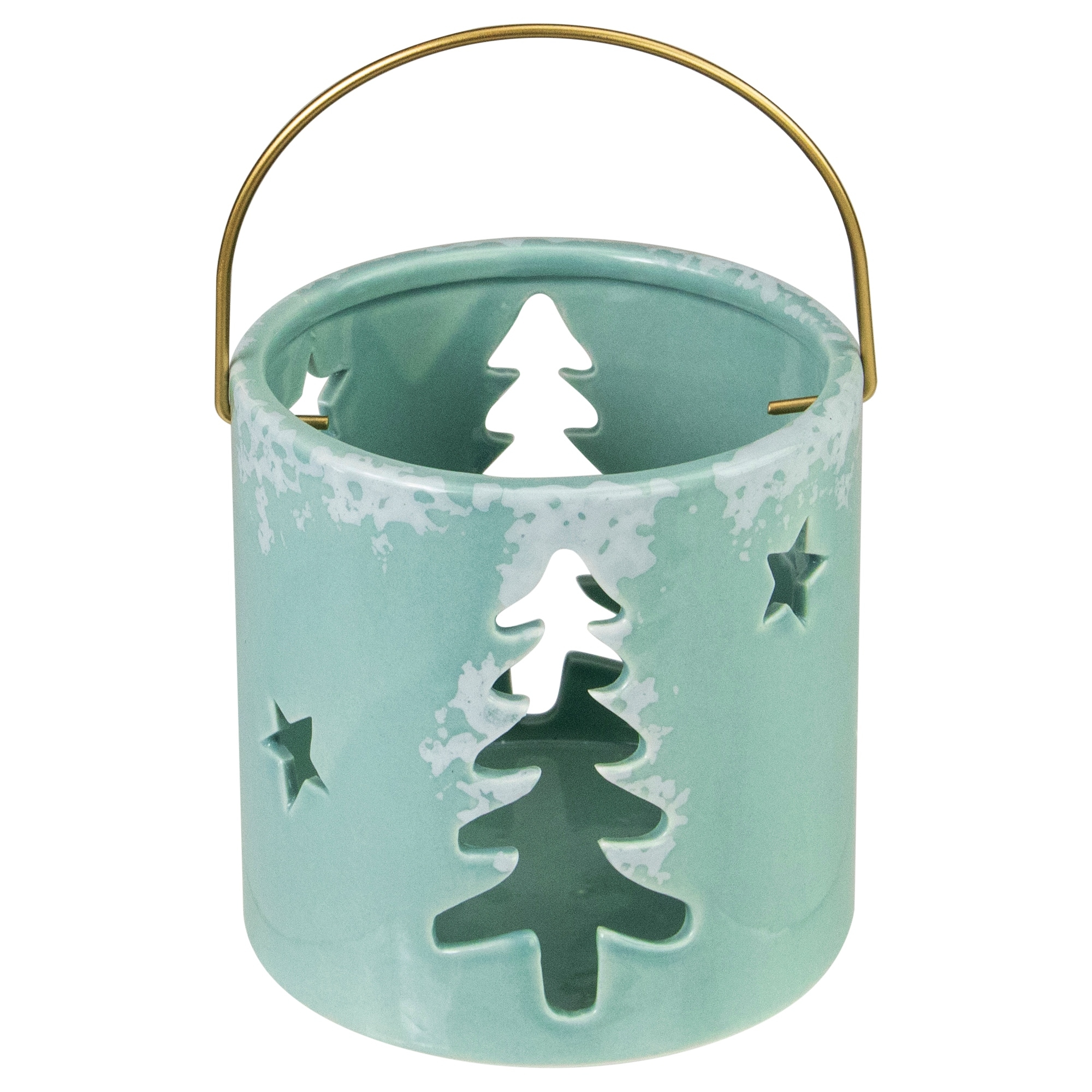 Pine Tree Star Cutout Tea Light Christmas Candle Holder 4.25" Green