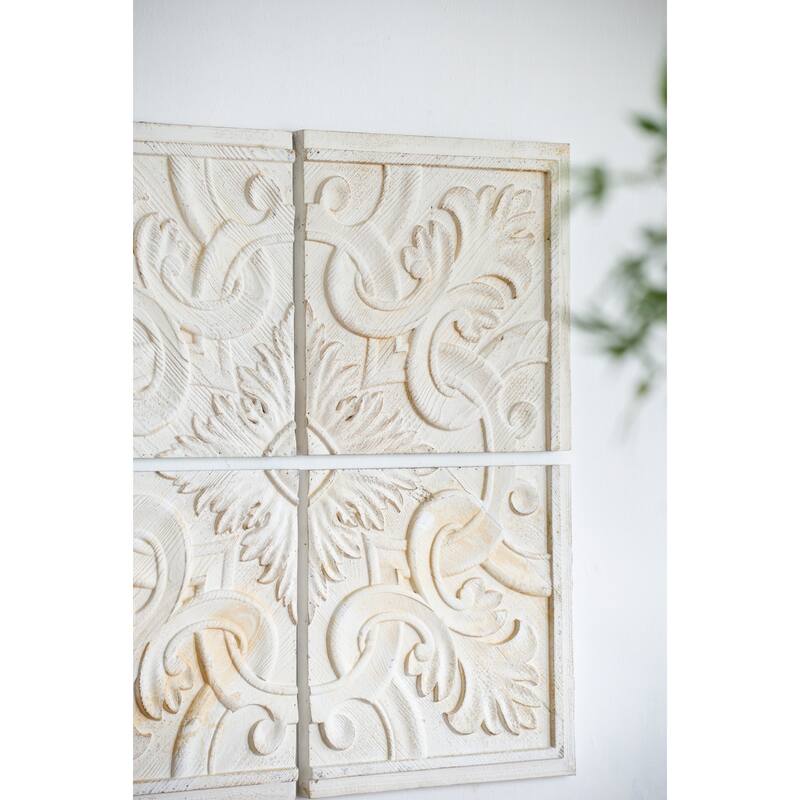 Modern Distressed Wooden Wall Decor Countryside Wall Decor with Medallion Motif White Washed Finish, for Interior Set of 4