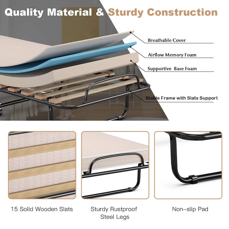Portable Folding Bed with Memory Foam Mattress and Sturdy Metal Frame