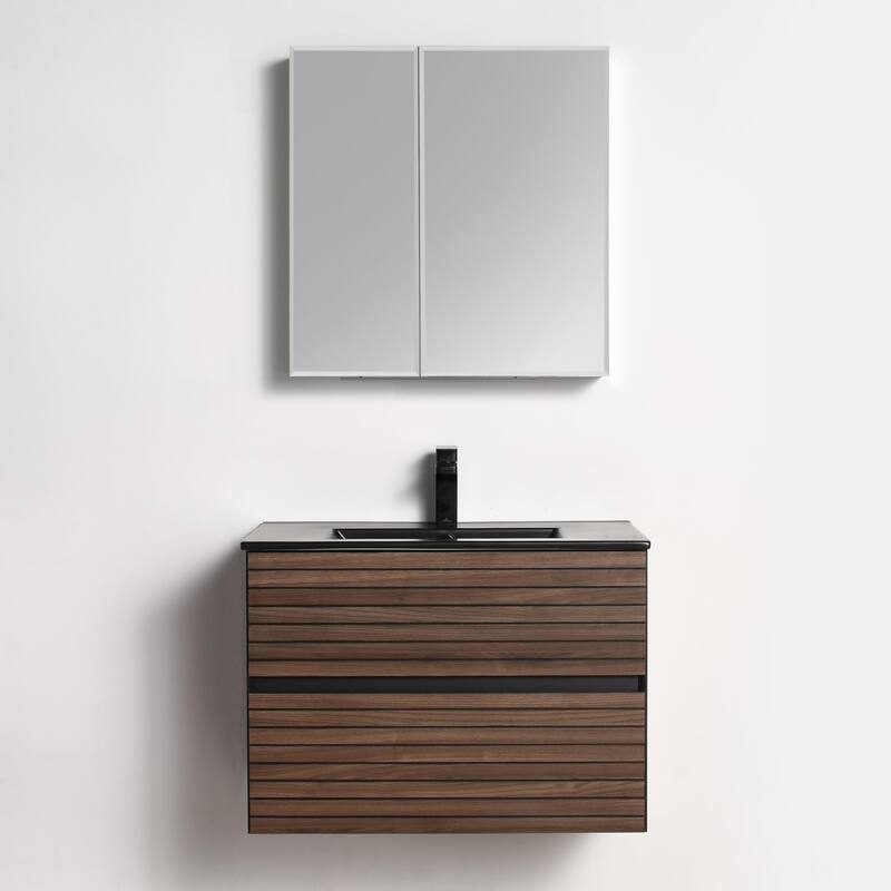 Blossom Annecy 30" Floating Bathroom Vanity with Black Ceramic Sink - Walnut Finish - Walnut Strip