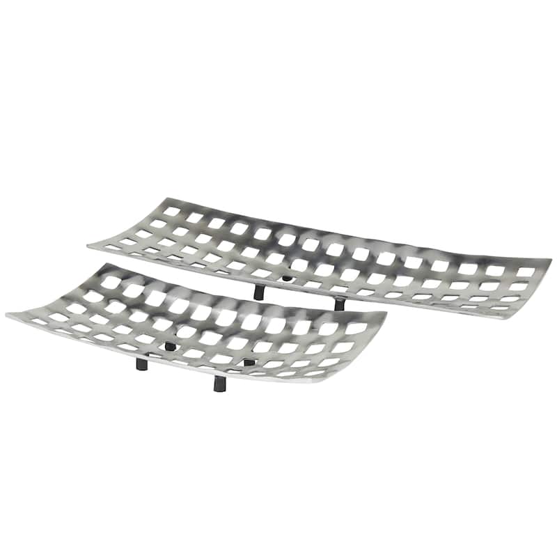 Aluminum Metal Tray with Grid Design - Set of 2 Silver - Roche River Decor - 9"W x 24"L x 3"H