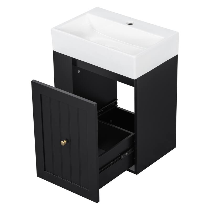 20 Inch Wall-mounted Bathroom Vanity with Ceramic Sink, Floating Bathroom Vanity Cabinet with Side Shelf for Small Bathrooms
