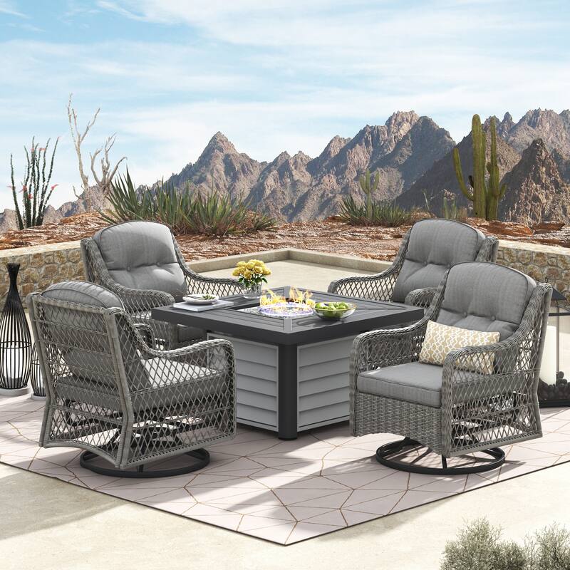 Corvus Vasconia 5pc Outdoor Resin Wicker Swivel Chat Set with Fire table