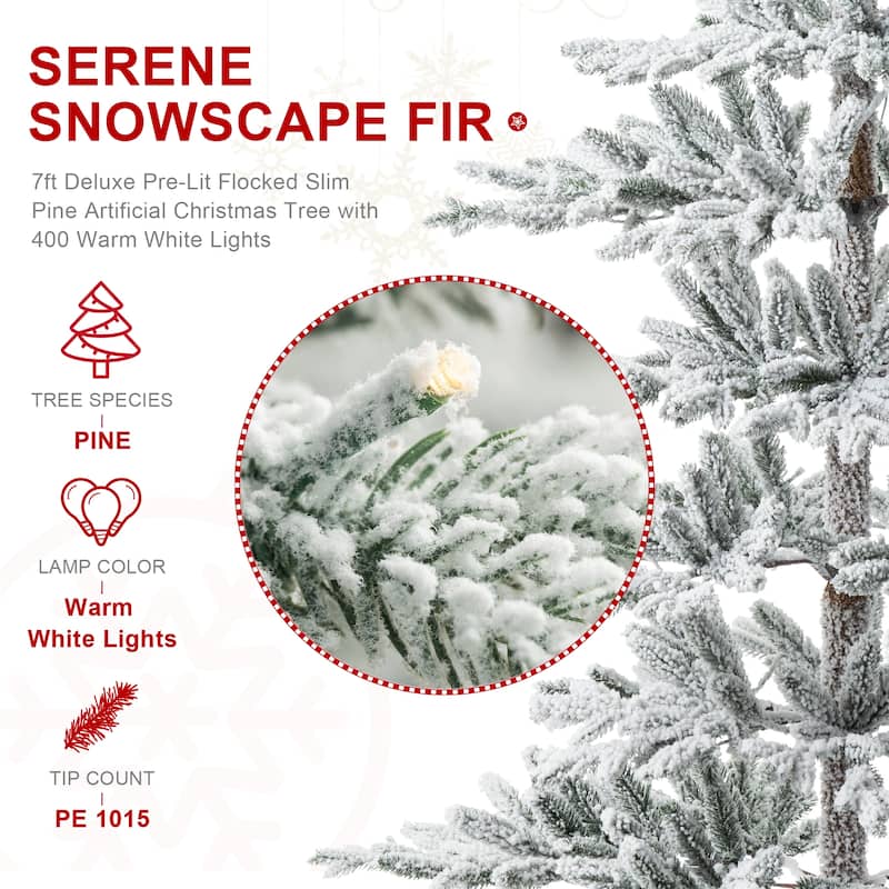 Glitzhome Modern 7' Pre-Lit Slim Flocked Fir Artificial Christmas Tree with 400 Warm White Lights