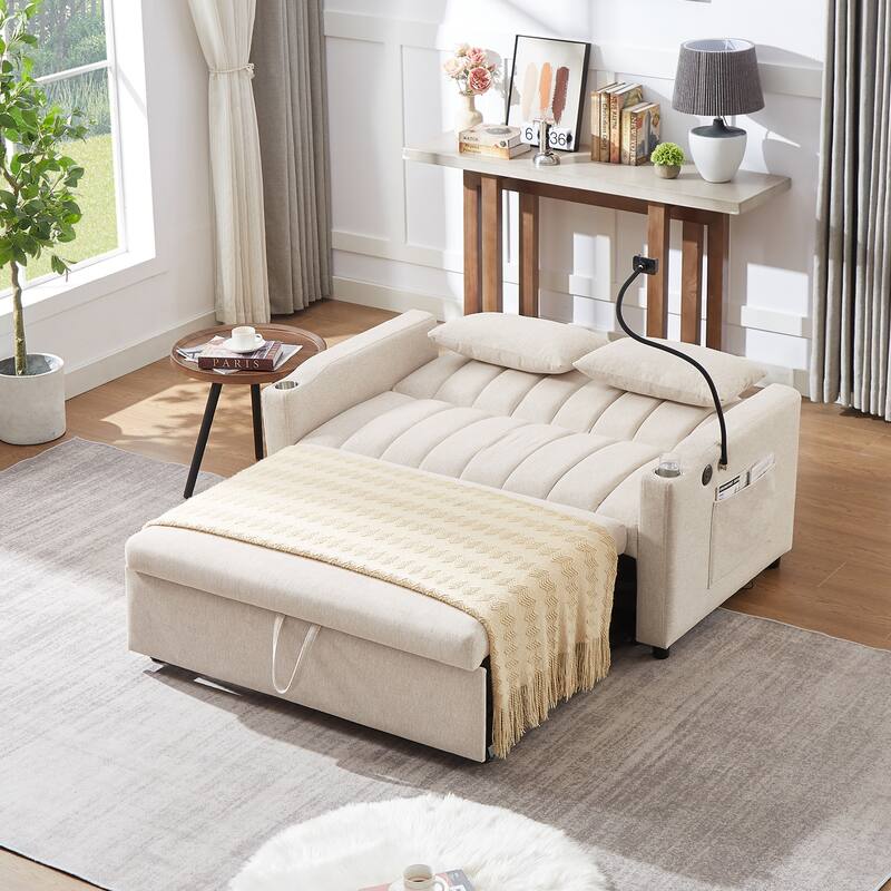 Modern Convertible Sofa Bed with 3 USB Ports, 2 Side Pockets, 2 Cup Holders and Phone Holder for Living Room and Apartment