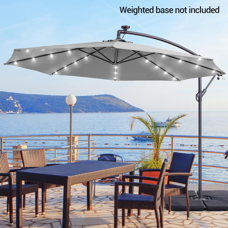 10Ft LED Patio Offset Umbrella Hanging Circle Umbrellas,w/Cross Base - Warm Grey