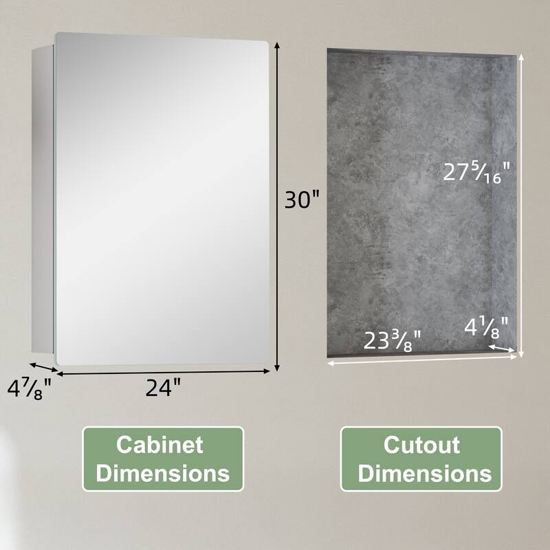 Mira Rectangular Frameless Medicine Cabinet with Mirror, Sliding Adjustable Glass Shelves, Reversible Door