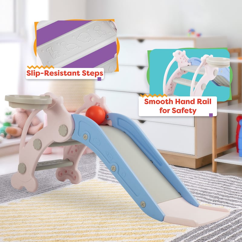 Hey Play Indoor/Outdoor Toddler Slide with Basketball Hoop and Ball, Pink