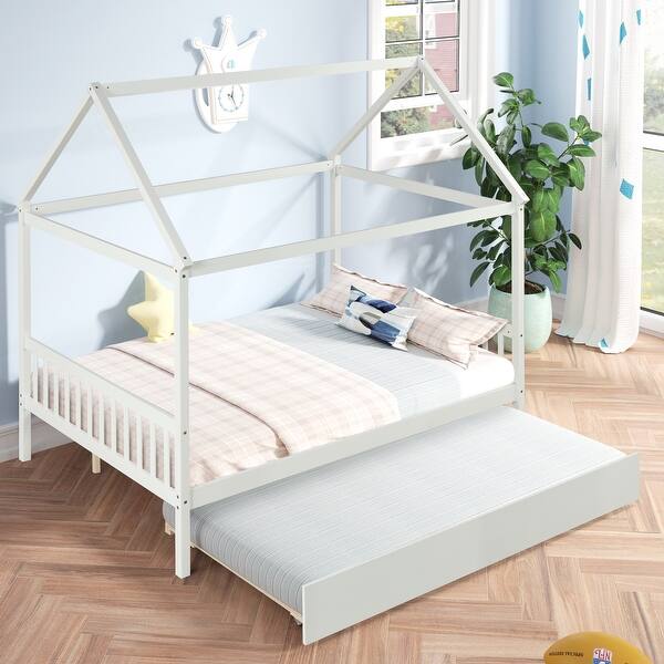 slide 2 of 14, Solid Wood Full bed with Twin Size House Bed Frame with Trundle White