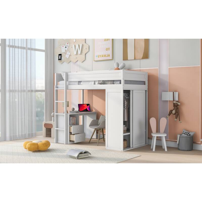 Space-Saving Twin Size Loft Bed with Wardrobe, Desk, and Storage Cabinet