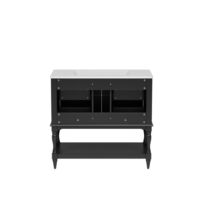 Bathroom Vanity with Ceramic Sink, Solid Wood Vanity Set with 4 Drawers, Bathroom Storage Cabinet with Open Shelf