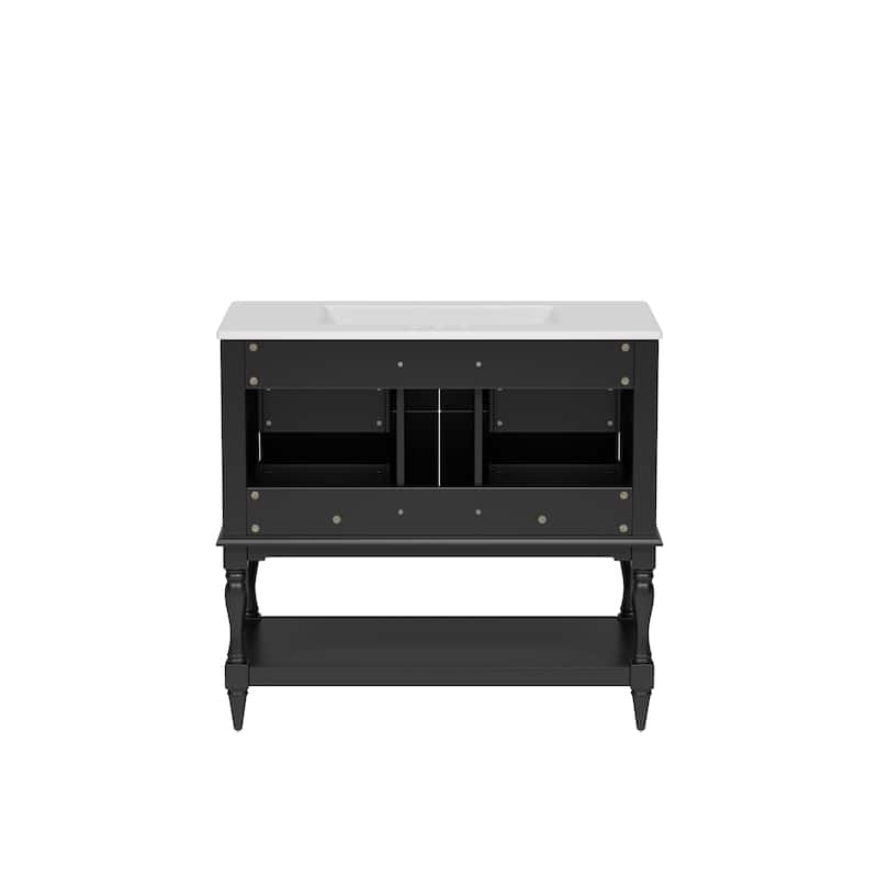 Free Standing Bathroom Vanity Cabinet with Sink, 4 Drawers, Solid Wood Frame, Silver Metal Knobs and Large Open Storage Shelf