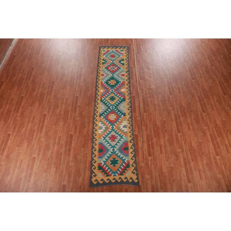 Hand Woven Oriental 100% Wool Carpet Southwestern Geometric Multi-Colored Kilim Runner Rug - 12' 8'' X 2' 9''