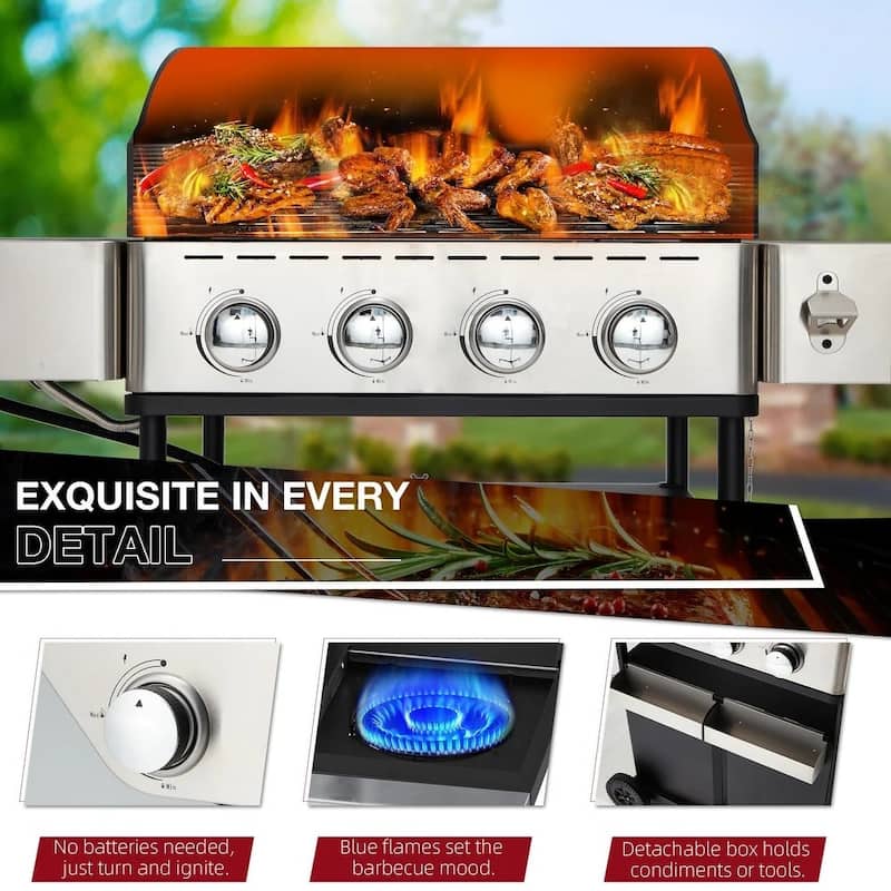 EROMMY Outdoor Propane Gas Grill - 58,000 BTUs Stainless Steel Patio Barbecue with Burner, Side Table, and Stove,Black - N/A