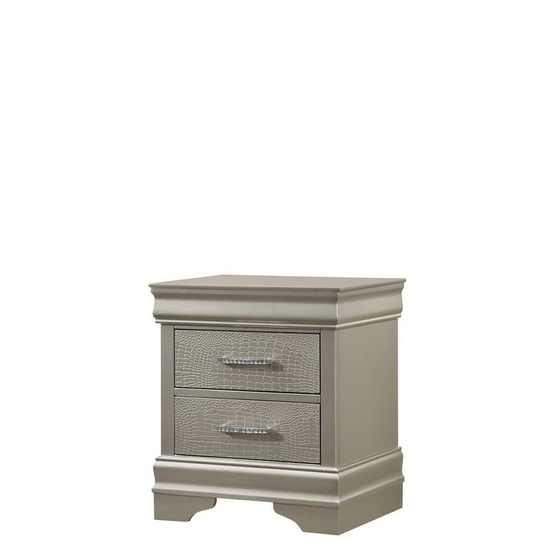 Modern Gray Nightstand with Crocodile Texture, Kenlin Drawer Guides & Crystal Handles - Silver+White