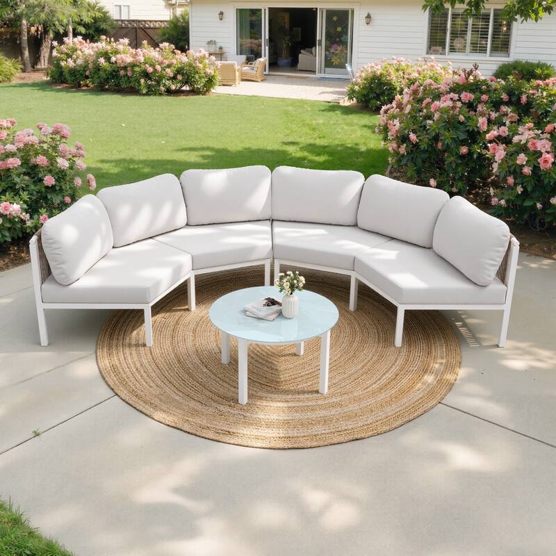 Outdoor All-Weather Aluminum Half Moon Curved Sofa Rattan Sectional Sofa Deep Seating Patio Outdoor Conversation Sets - 4-seater + 1 table - Beige