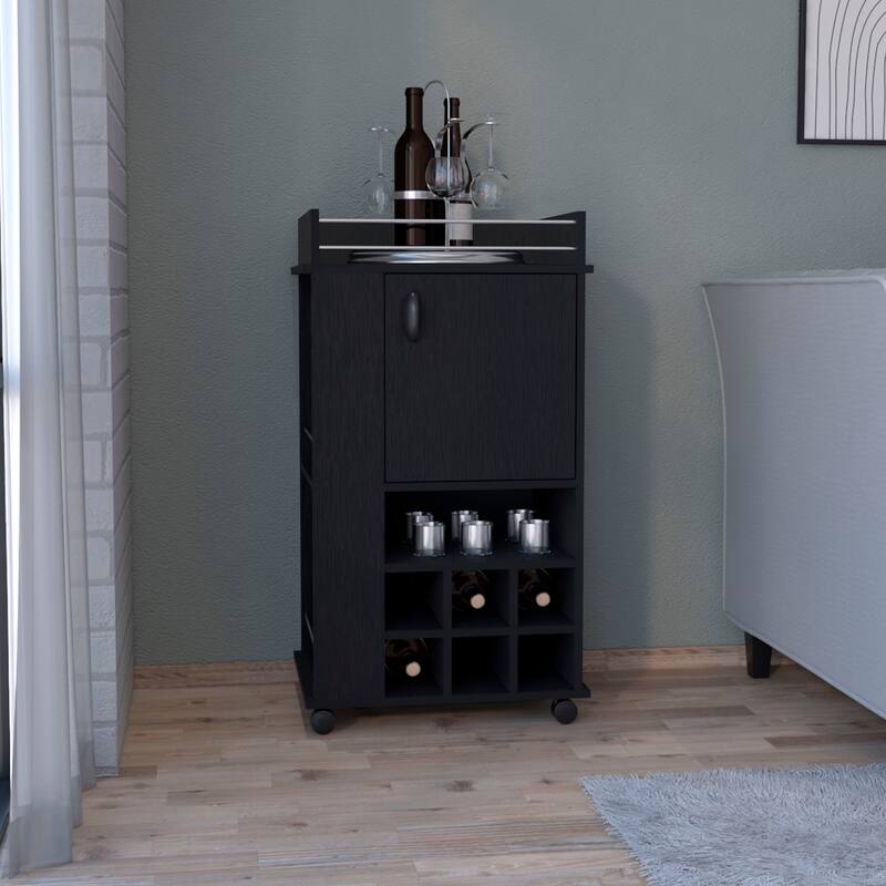Rolling Bar Cart with 6 Wine Rack, White Finish, Pre-Drilled Holes & Easy Assembly for Home Use