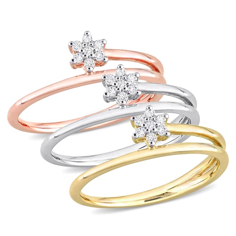Miadora 1/5ct TW Diamond Floral Promise Rings 3-Piece Set Yellow Rose White Sterling Silver