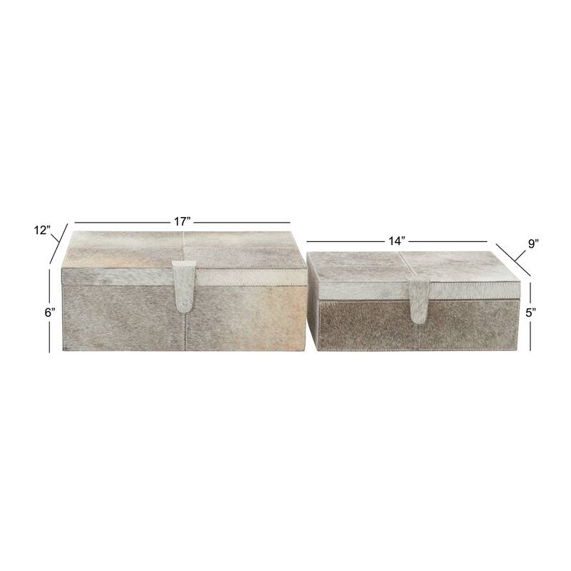 Leather Handmade Decorative Box with Hinged Lid - Set of 2 Gray, Brown, Dark Brown, Gold, Silver - Roche River Decor
