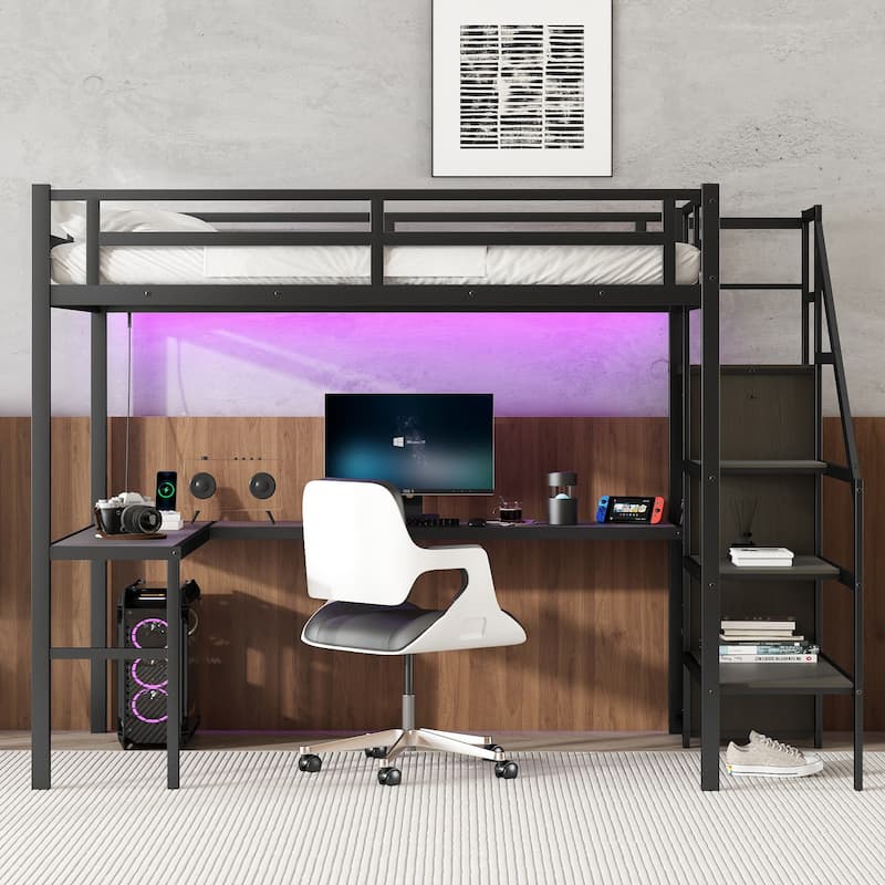 Full XL Size Loft Bed with L-shaped Desk and USB, Metal Loft Bed with Wardrobe and Adjustable Shelf