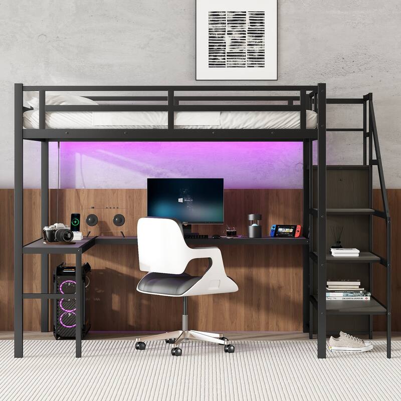 Roomfitters Full XL Metal Loft Bed with L-Shaped Desk, USB Port, Wardrobe, Adjustable Shelf & Lighting, Black