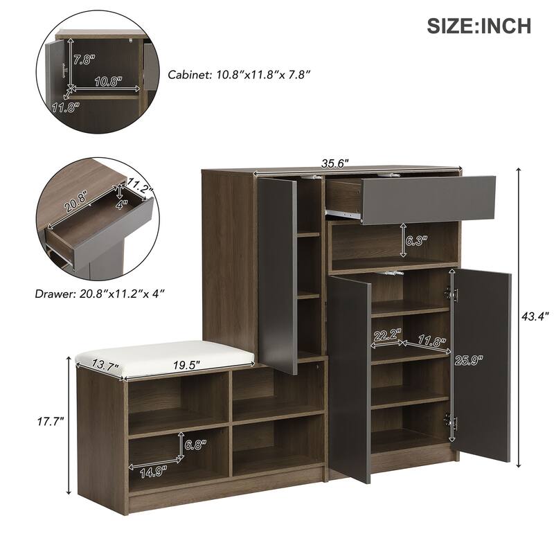 Shoe Storage Bench with Cabinets, Multifunctional Padded Seat Leisure Bench with Adjustable Shelves for Hallway