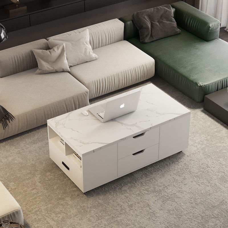 Modern Lift-Up Coffee Table with 2 Stools Set for Living Room Expandable Hidden Storage + Drawers Space Saving Folding Table