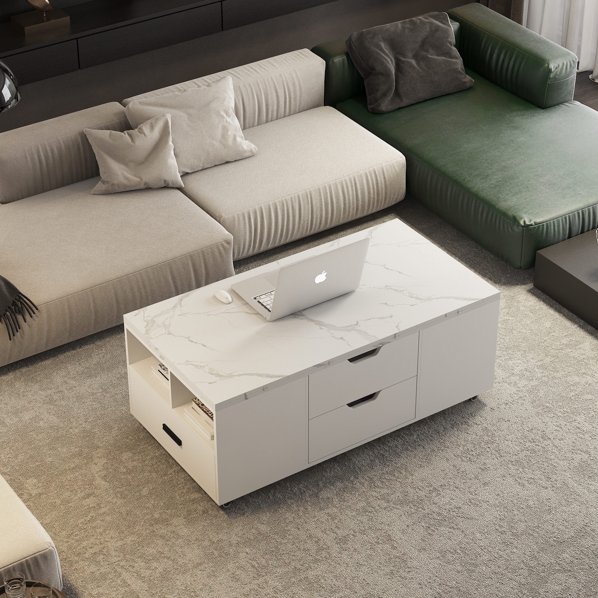 Roomfitters Lift-Up Coffee Table with 2 Stools Set, Convertible Fold Out Dining Desk & Hidden Storage, Faux Marble