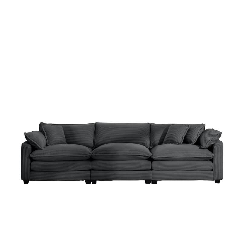 3-Seater Corduroy Fabric Sectional Sofa with Pillows and Removable Armrests for Livingroom - Grey