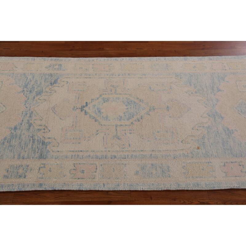 Hand Knotted Oriental 100% Wool Carpet Transitional Geometric Navy Blue & Blues Oushak Runner Rug - 16' 3'' X 3' 4''
