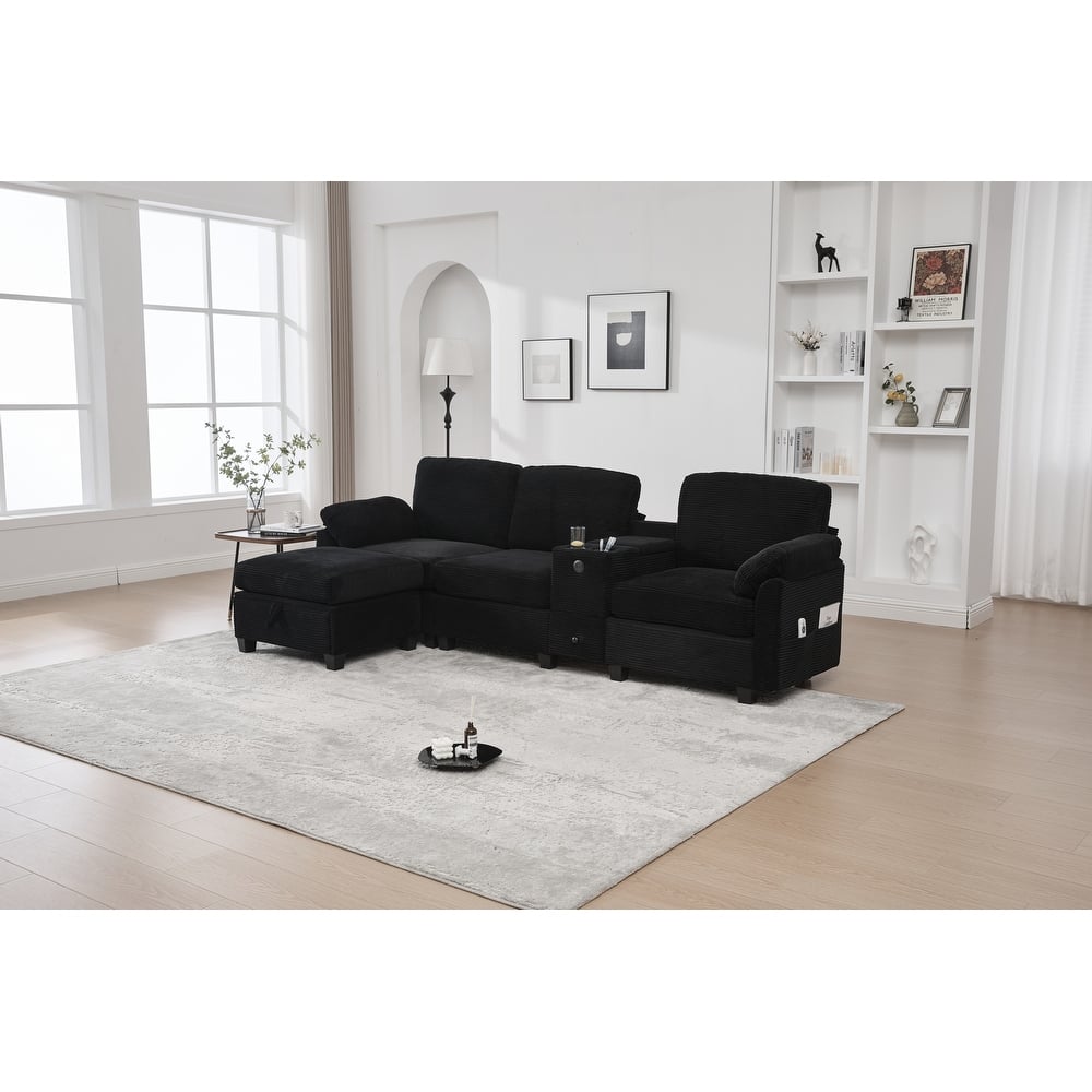 HOMEFUN Corduroy Upholstered L-Shaped 4-seater Storage Multifunctional Sectional Sofa with Storage Ottoman,Cup Holder and USB