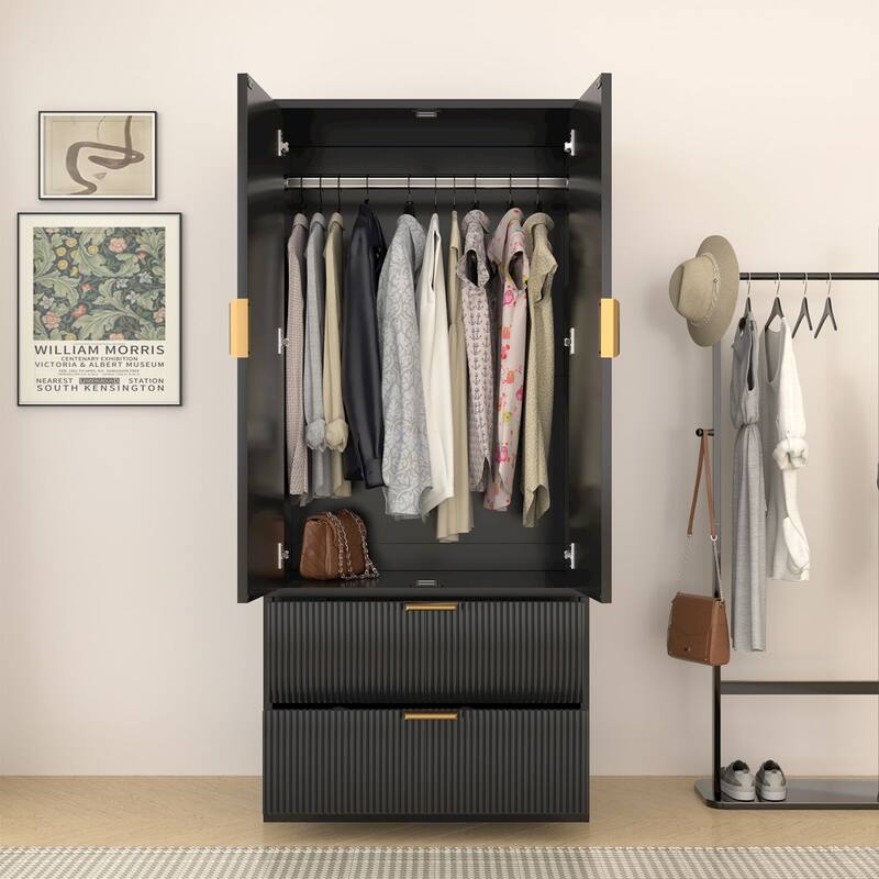 Gymojoy 2 Door Armoire Wardrobe Closet with Drawers, Modern Fluted Bedroom Storage Cabinet