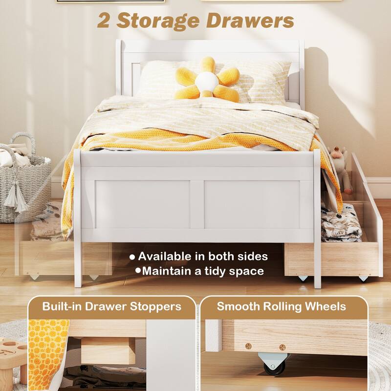 Twin Size Wooden Sleigh Platform Bed with 2 Under-Bed Drawers Included Headboard and Footboard