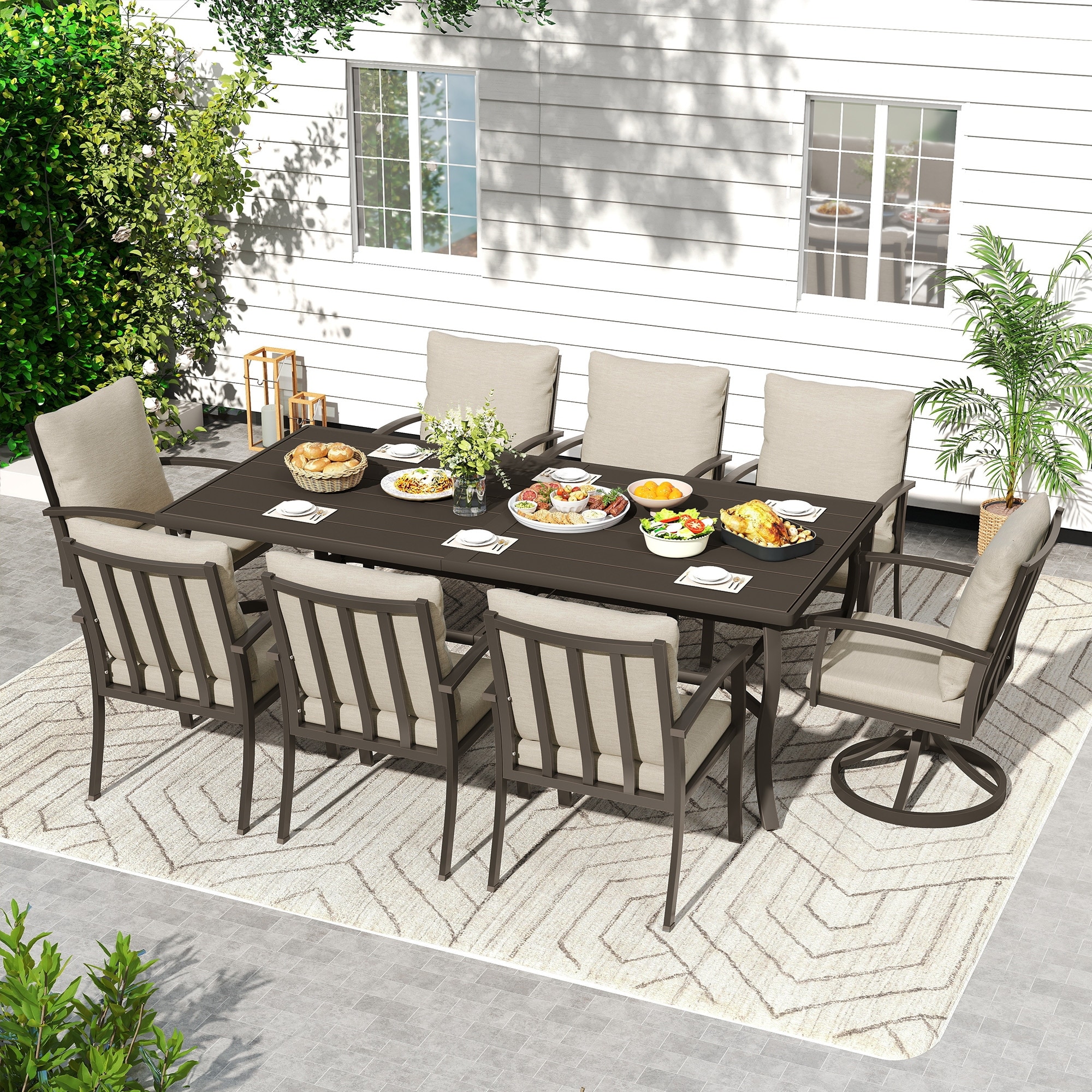 EGEIROS LIFE AluLux 9-Piece Aluminum Patio Dining Set with 2 Swivel Dining Chairs, 6 Dining Chairs and Washable Cushions