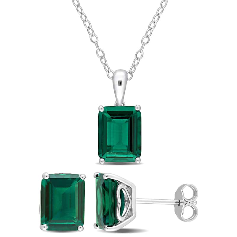 Miadora 6 7/8ct TGW Emerald-Cut & Octagon Created Emerald Set of Necklace & Earrings Sterling Silver