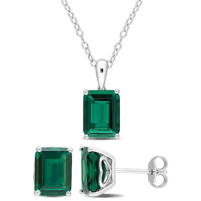 Miadora 6 7/8ct TGW Emerald-Cut & Octagon Created Emerald Set of Necklace & Earrings Sterling Silver