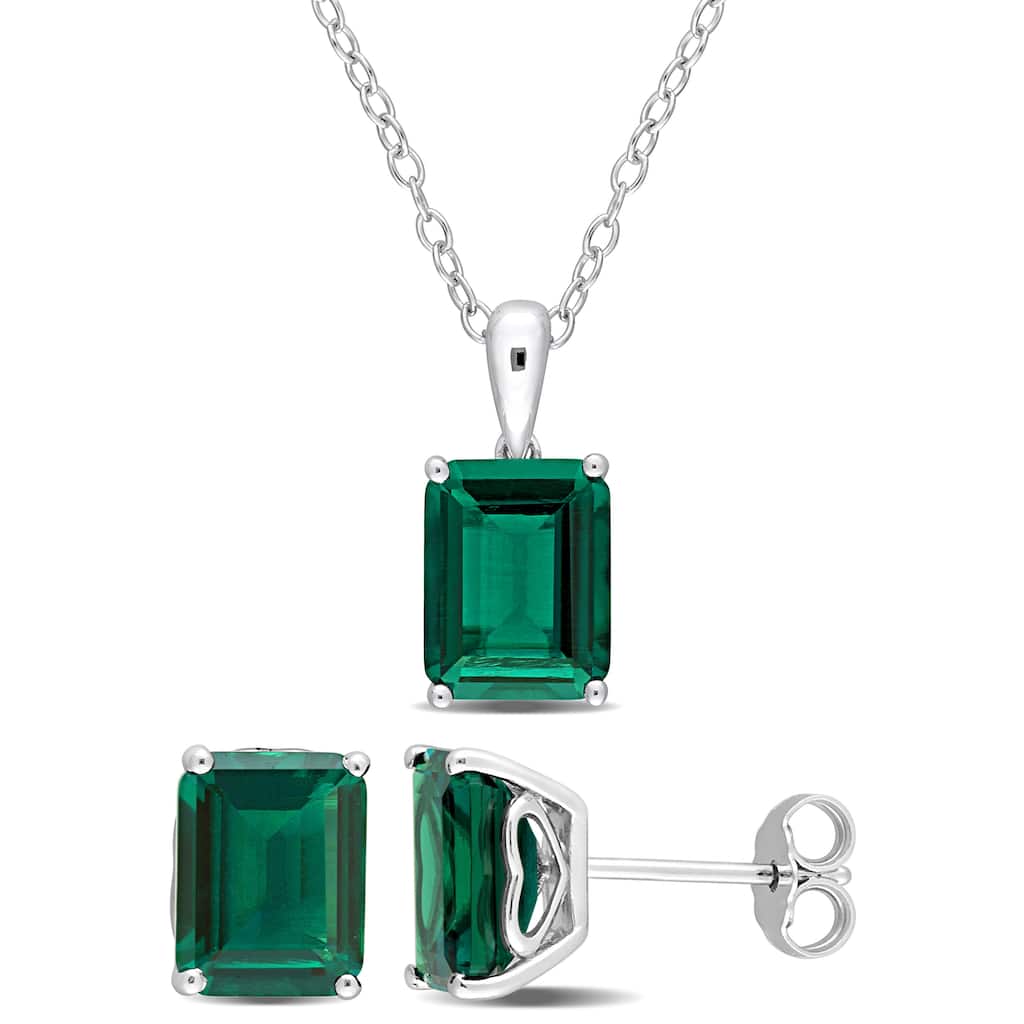 Miadora 6 7/8ct TGW Emerald-Cut & Octagon Created Emerald Set of Necklace & Earrings Sterling Silver